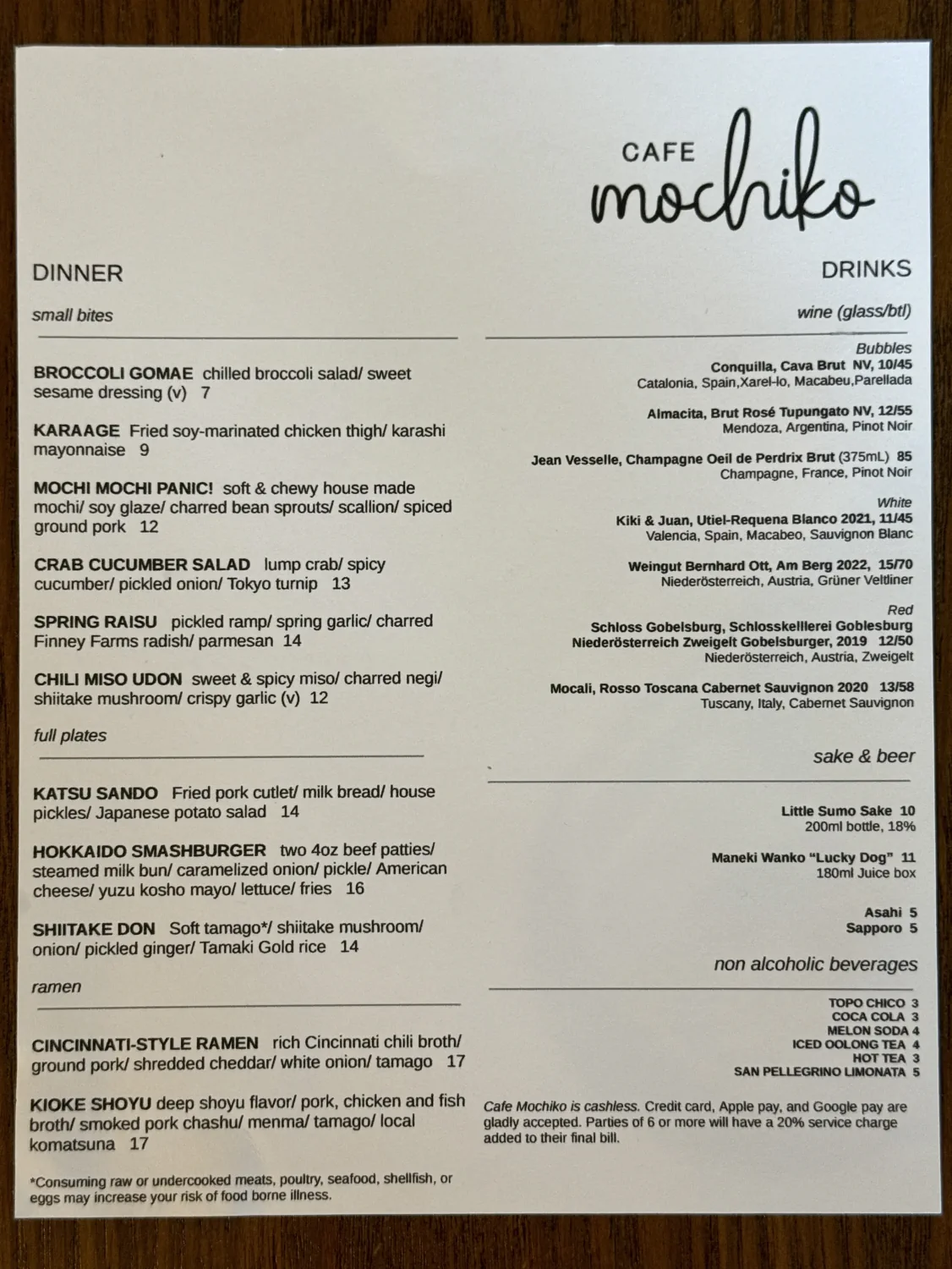 Cafe Mochiko menu