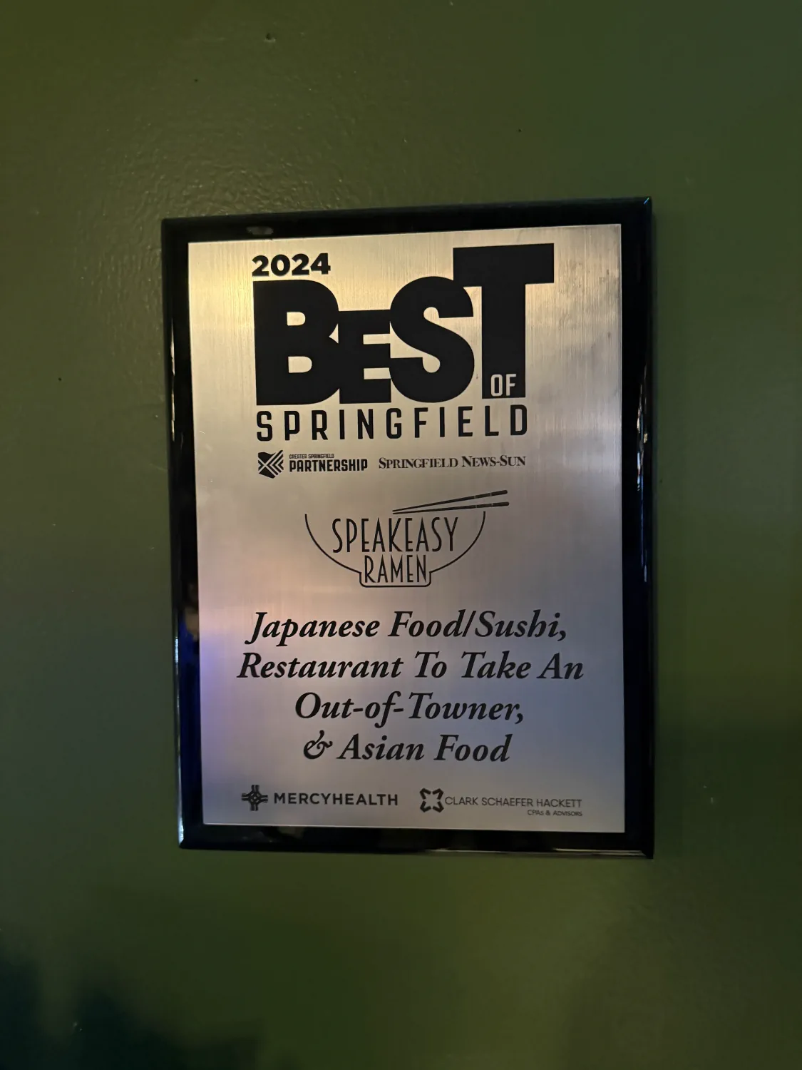Speakeasy Ramen's Best of Springfield 2024 award